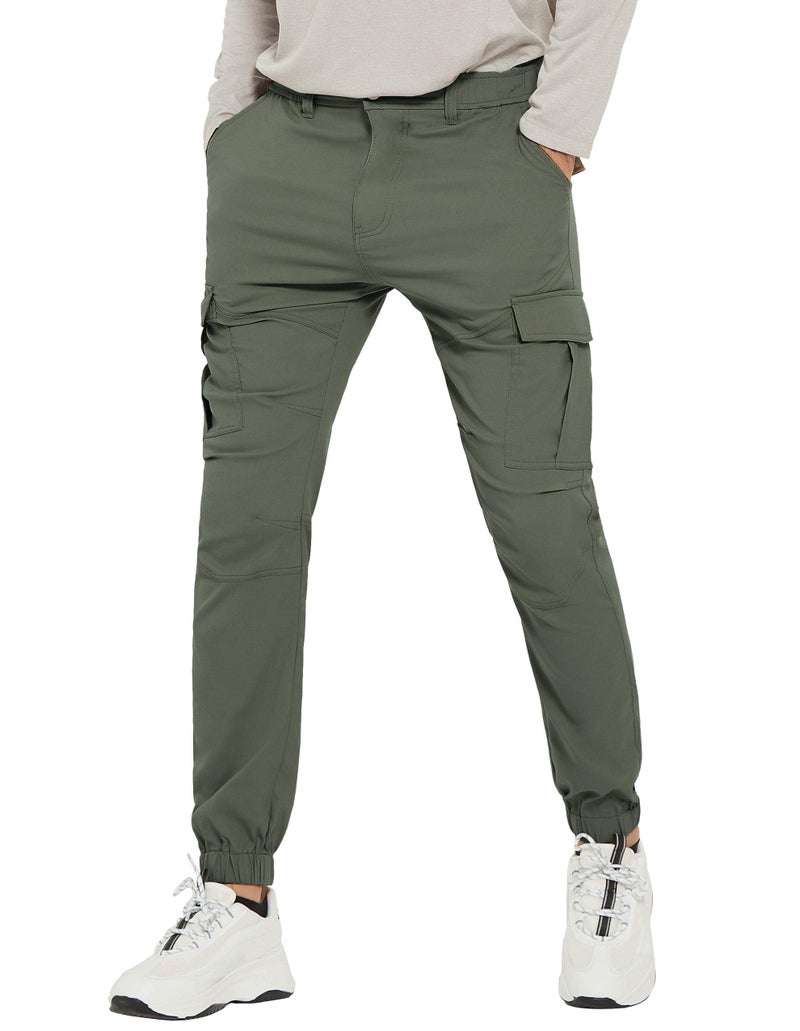 PULI Men's Lightweight Hiking Travel Pants, Slim Fit Stretch Joggers, Waterproof Quick Dry Outdoor Pants with Pockets Army Green 36 - Image 1
